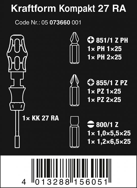 Wera Kraftform Kompakt 27 RA 1 SB Ratcheting Screwdriver & Bits, PH/PZ/SL, 7pc, 05073660001 - Image 2