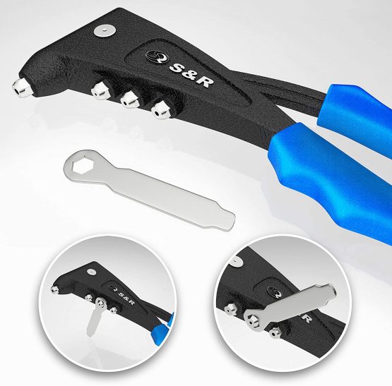 S&R Rivet Gun with 60 Rivets (2.4 mm, 3.0/3.2 mm, 4.0 mm, 4.8/5.0 mm) in Aluminum and Stainless Steel for Blind Rivet, 4 Nozzle, 1 Wrench, 1 Storage Box. Hand Professional Riveter. - Image 4