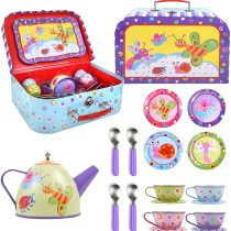 SOKA Little Bugs Metal Tin Teapot Set with Carry Case Toy for Kids - 18 Pcs Illustrated Colourful Design Toy Tea Party Set for Boys and Girls Pretend Role Play