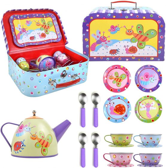 SOKA Little Bugs Metal Tin Teapot Set with Carry Case Toy for Kids - 18 Pcs Illustrated Colourful Design Toy Tea Party Set for Boys and Girls Pretend Role Play