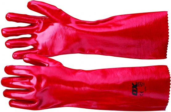 OX OX-S246845 PVC Gauntlet Safety Gloves Elbow Length - Heavy Duty Chemical & Heavy Oil Protection – Long PVC Gloves - Red Gauntlets Gloves, 10