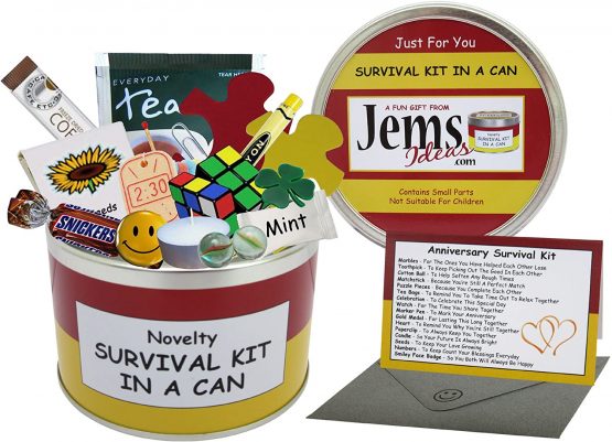 Anniversary Survival Kit In A Can. Humorous Novelty Gift - Anniversary Couple or Wedding Anniversary Present & Card All In One. Parents/Friends/Grandparents etc. Customise Your Can Colour. (Red/Yellow)