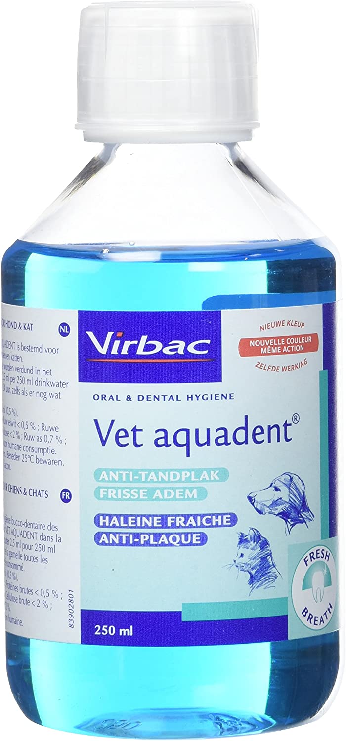 Virbac Vet Aquadent Anti-Plaque Fresh Breath Dental Care Solution for Dogs and Cats Unflavoured, 250ml with Doseur Gobelet