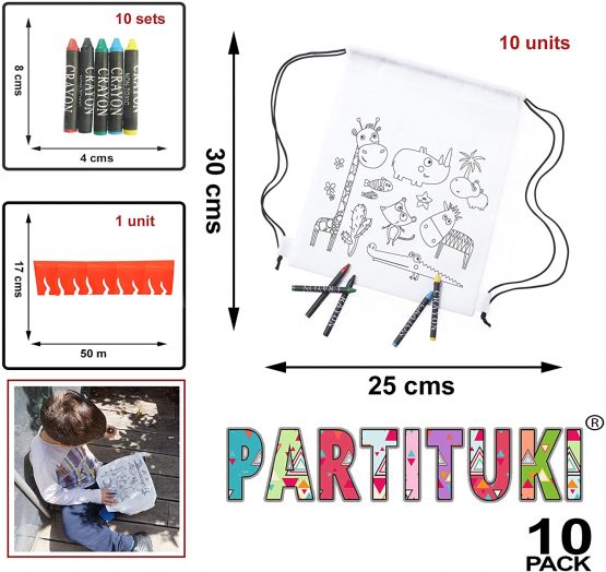 Partituki Party Bag Fillers for Kids. 10 Drawstring Bags to Colour in, 10 Sets of 5 Crayons Waxes and 1 Frisbee. Ideal Party Bags for Kids Party Pinata - Image 2