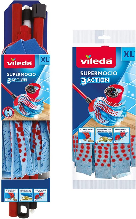 Vileda SuperMocio 3Action XL Compact Mop with Extra Refill, Red/Blue, 12 x 11 x 48 cm