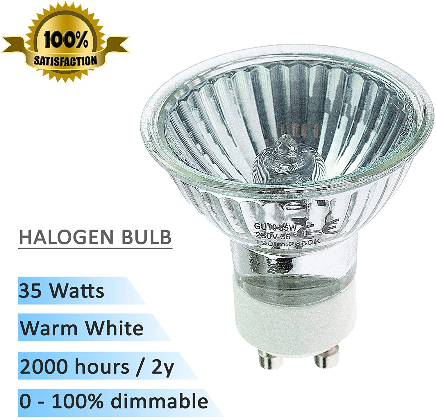 GU10 Halogen Spotlights Bulbs Dimmable Warm White, 35 W, Set of 10 - Image 3