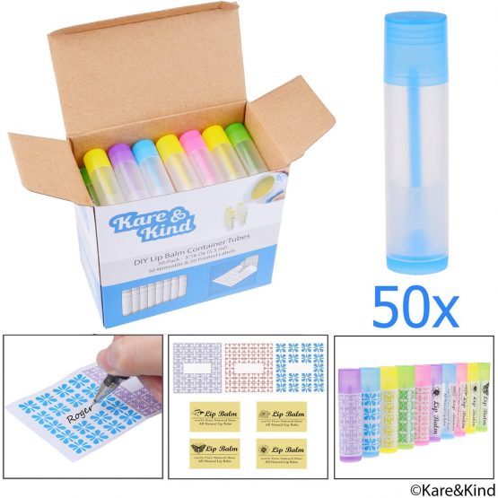 Lip Balm Container Tubes - 50-Pack (10x5 Colors) - DIY - 3/16 Oz (5.5 ml) - Including 50 Writeable (10x5 Colors) & 50 Printed Lip Balm Stickers - Twist Mechanism and a Cap - Empty - Make Lip Balm