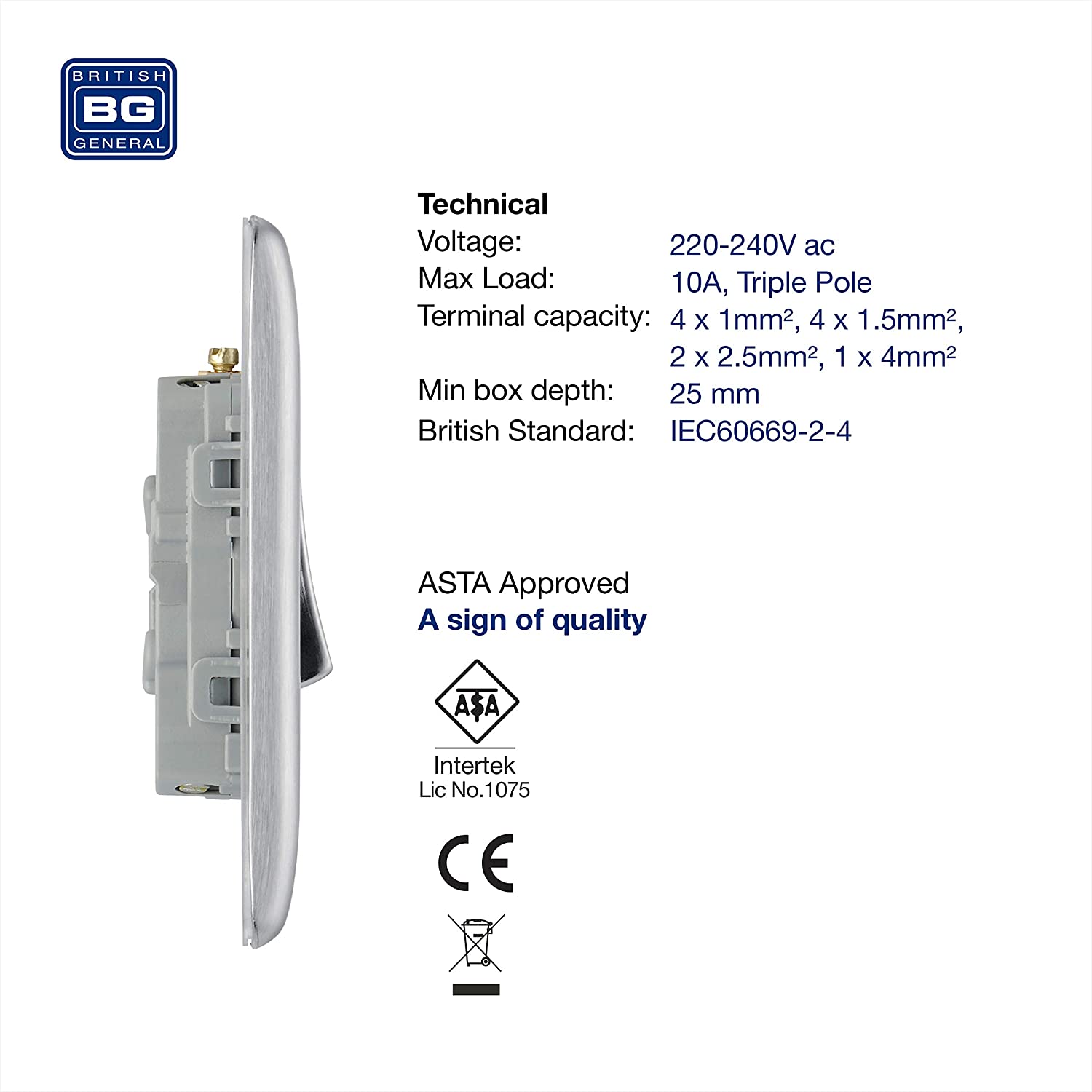 BG Electrical 3-Pole Fan Isolator Switch, Brushed Steel, Standard - Image 2
