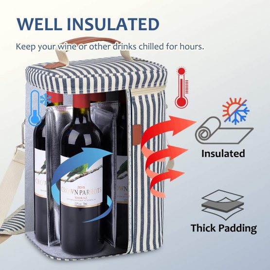 Kato Tirrinia Insulated Wine Cooler Bag - 4 Bottle Travel Padded Wine Carrier Tote with Handle and Adjustable Shoulder Strap, Great Wine Lover Gift, Striped - Image 2