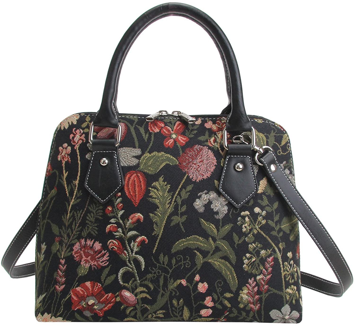 Signare Tapestry Handbags Shoulder bag and Crossbody Bags for Women with Garden Design (Morning Garden Black, CONV-MGDBK)