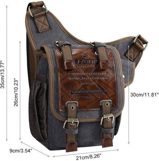 S-ZONE Mens Vintage Canvas PU Leather Military Utility Shoulder Messenger Bags, S, Dark Grey - Image 4