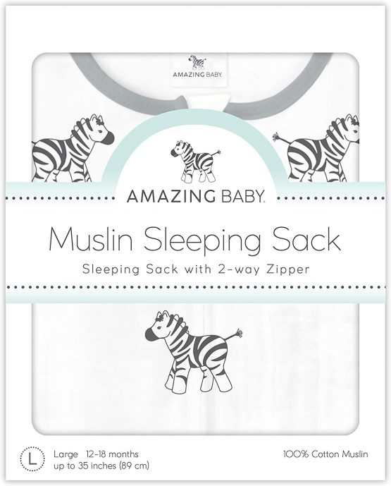 Amazing Baby Muslin Sleeping Sack with 2-Way Zipper, Zebra, Black, Medium, 6-12 Months - Image 3