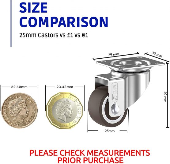GBL Heavy Duty Castor Wheels with 2 Brakes + Screws - 25mm up to 40KG - Pack of 4 No Floor Marks Silent Caster for Furniture - Rubbered Trolley Wheels - Silver Castors - Image 2