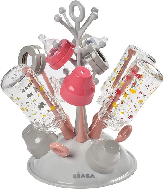 BÉABA - Baby Bottle rack - For drying 6 bottles and accessories - Removable water collection tray - Practical and clever - Pink - Image 2