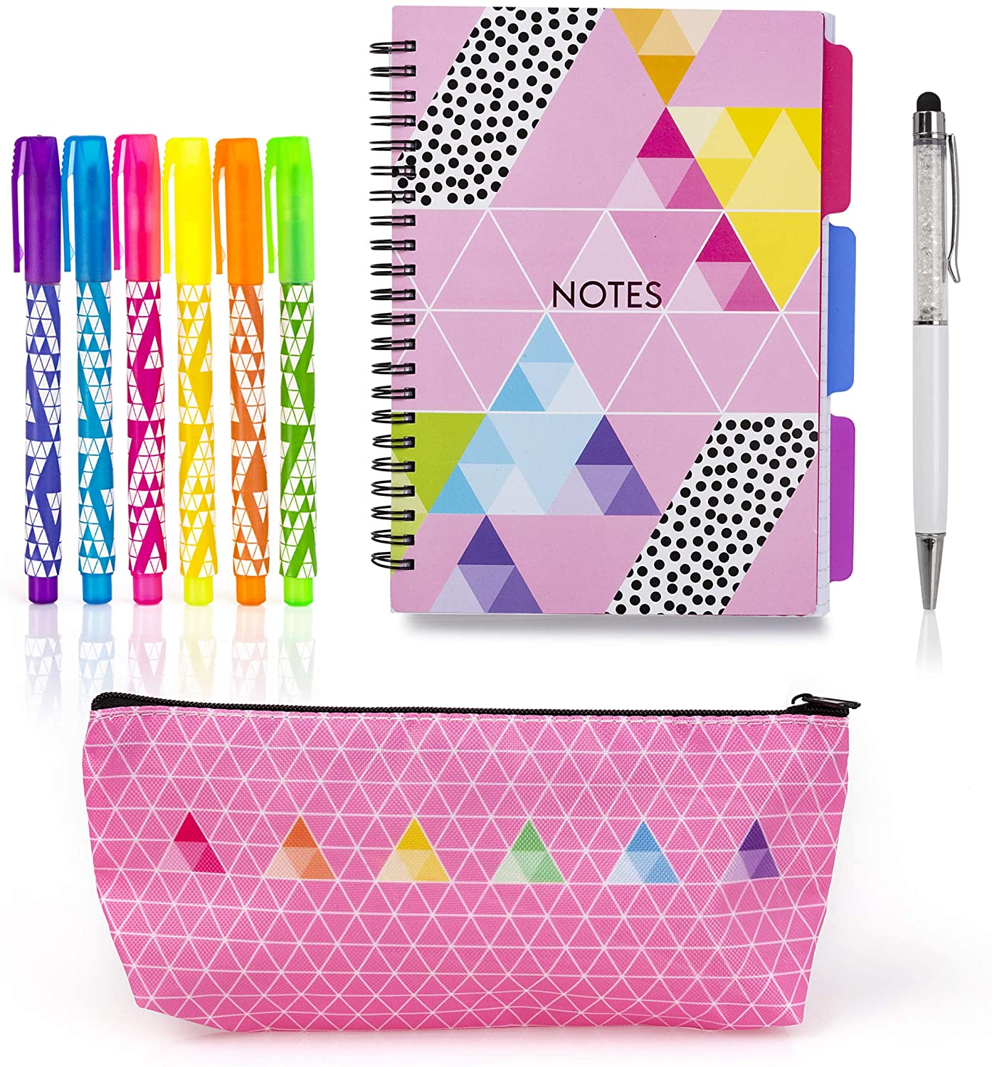 abeec Stationery Set for Girls - School Supplies for Kids - A5 Notebook, Ballpoint Pen with Stylus, Pencil Case and 6 Neon Highlighters