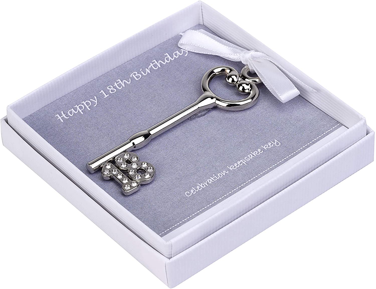 18th Birthday Metal Key in white presentation box, Silver Grey, 7cm x 1cm