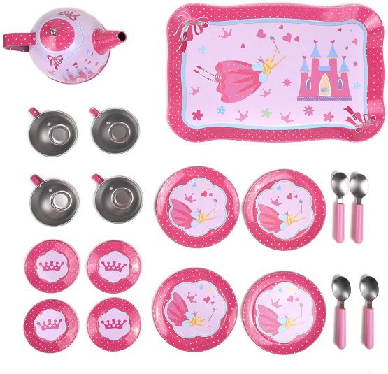 SOKA Fairy Tale Princess Metal Tin Teapot Set with Carry Case Toy for Kids - 18 Pcs Illustrated Colourful Design Toy Tea Party Set for Boys and Girls Pretend Role Play - Image 4