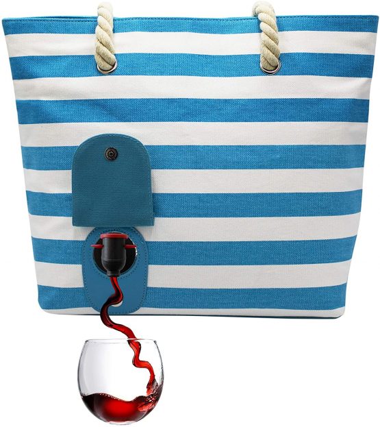 PortoVino Beach Wine Tote (Turquoise/White) - Beach Bag With Hidden, Insulated Compartment, Holds 2 Bottles Of Wine!