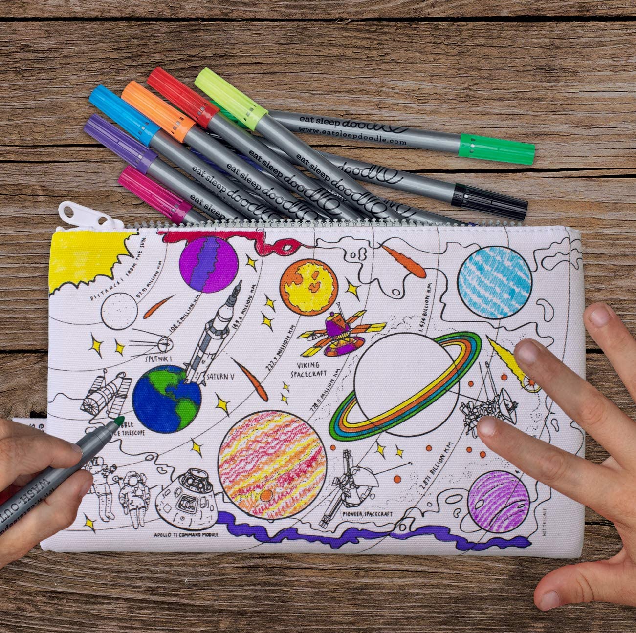 eatsleepdoodle DIY Coloring Solar System Pencil Case for Kids with 10pcs Washable Markers, Reusable Art Supply Organizer