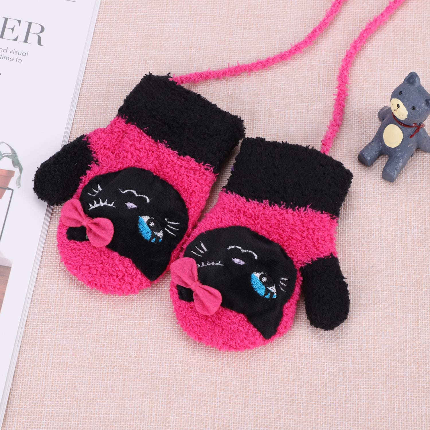 Squeaky Baby Cartoon Gloves Toddler Cute Winter Warm Full Finger Mittens Hanging Neck Velvet Lined Knitted Mitts for Infants Kids Boys Girls 1-3 Years Old Birthday Gifts - Image 2
