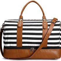 S-ZONE 40L Canvas Travel Bag Women Weekend Large Capacity Overnight Duffle Bag Carry on Shoulder Tote Bag with PU Leather Strap