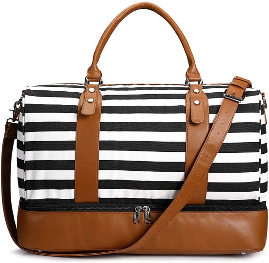 S-ZONE 40L Canvas Travel Bag Women Weekend Large Capacity Overnight Duffle Bag Carry on Shoulder Tote Bag with PU Leather Strap