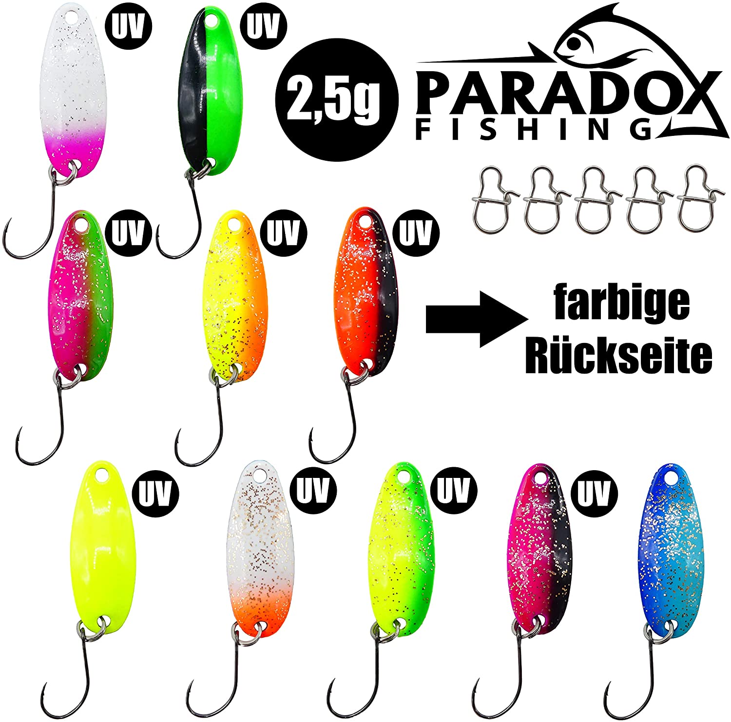 Paradox Fishing Trout Bait Set, 10 Assorted UV Spoon Indicators, 5 Snaps, FISHING_HOOK for Trout Fishing