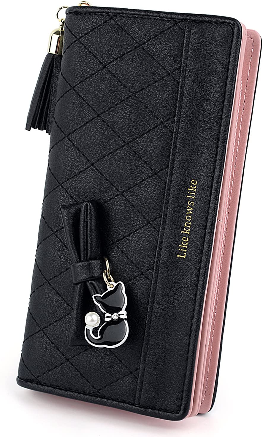 UTO Ladies Purse Card Wallet for Women Cat Pendant Bow Tassel PU Leather Black, Cat Long Black