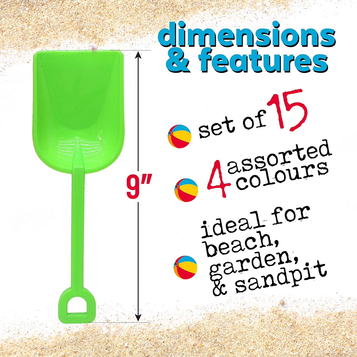 Bramble - 15 Plastic Beach Mini Small Spades for Kids Sand Toys and Sandpits - Blue and Orange, 9"/23cm - Image 2