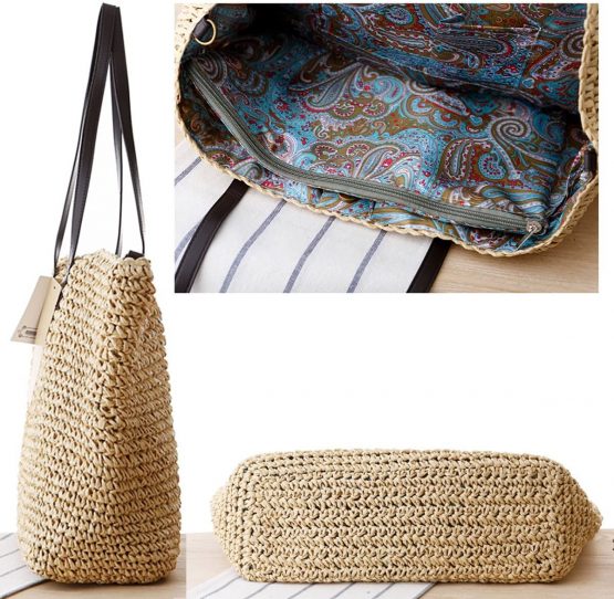 TININNA Summer Women Stylish Simple Beach Bag Straw Bags Leisure Shoulder Bag Travel Tote Bag (Light Brown) - Image 2