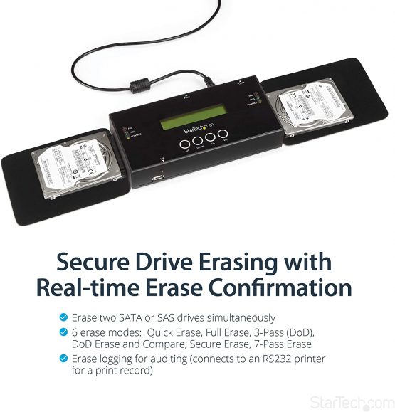 StarTech SATSASDUPE11 1:1 Hard Drive Duplicator and Eraser for 2.5 Inch/ 3.5 Inch SATA (I/II/III) and SAS (I/II) HDD SSD, LCD and RS-232, Cloner and Wiper - Image 4