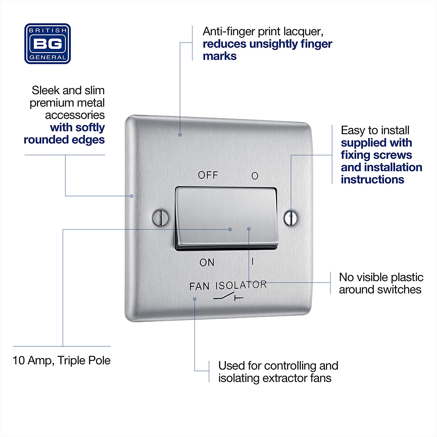 BG Electrical 3-Pole Fan Isolator Switch, Brushed Steel, Standard - Image 3