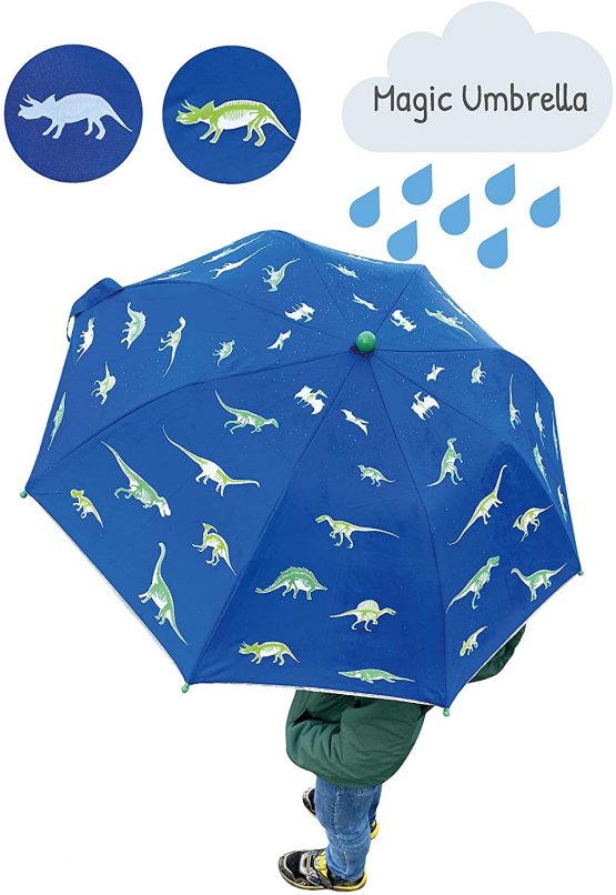 HECKBO Dino Magic Umbrella - changes color in the rain - folding umbrella: fits into any backpack - with reflectors on all sides - wooden handle & protective caps - protective case for storage - Image 2