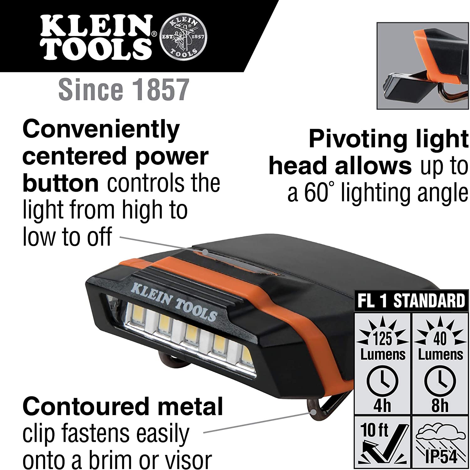 Cap Visor Clip Light, LED Clip on Light, Pivoting Head, 2 x AAA Batteries Included Klein Tools 56402, Beige - Image 2