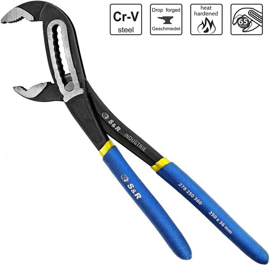 S&R Water Pump Pliers, Pipe Wrench 250 x 36 mm, CR-V Steel Phosphatised, Opening Width 55 mm, Double Coated Secure Handles