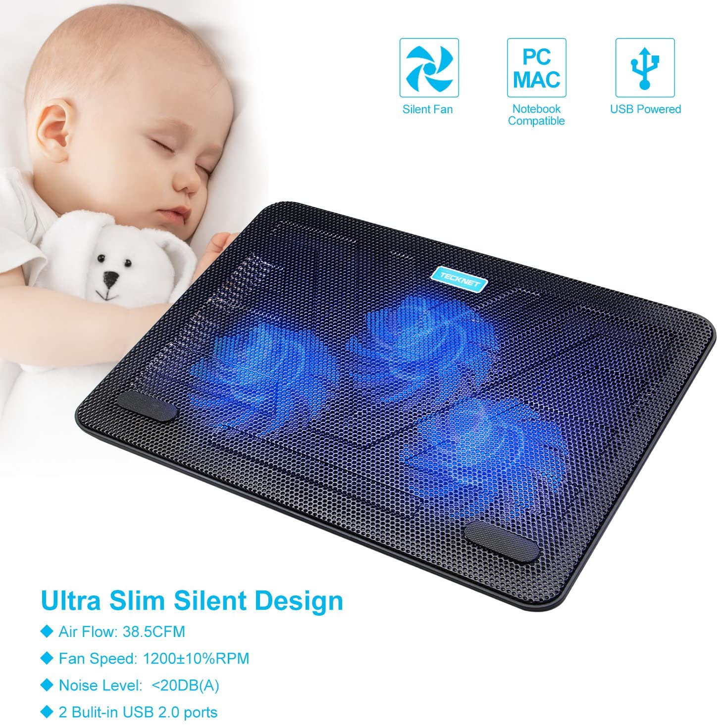 12″17″ Quiet Laptop Cooler Cooling Pad Stand With 3 USB