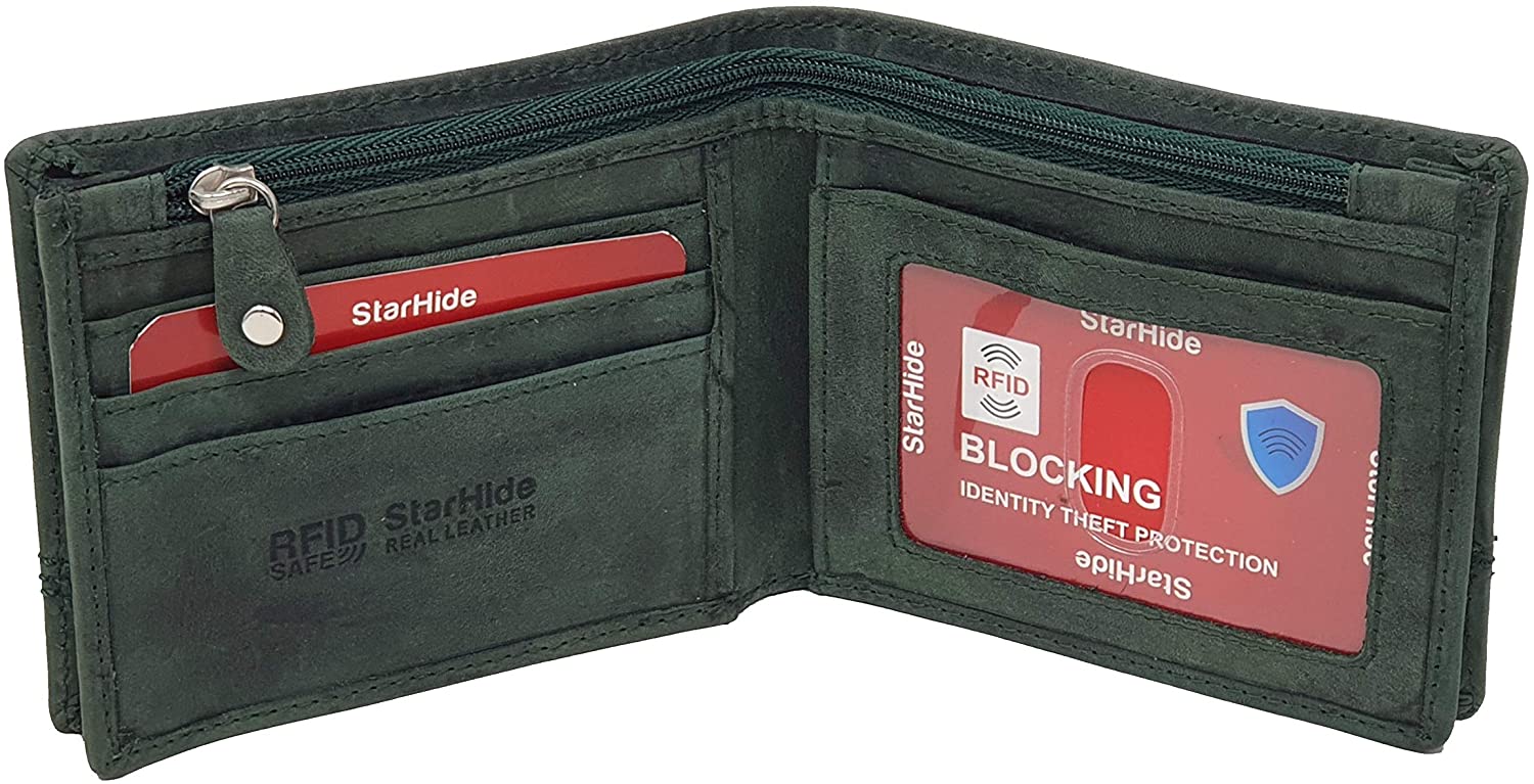 STARHIDE RFID Blocking Men's Real Leather Zipper Coin Pocket Wallet Purse 1180 Tan