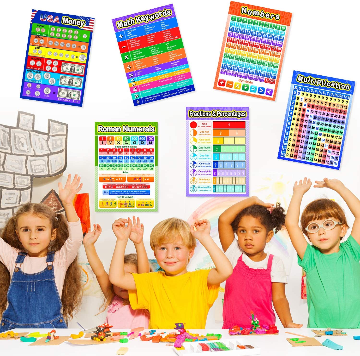 12 Pieces Educational Math Posters for Kids with 80 Glue Point Dot for