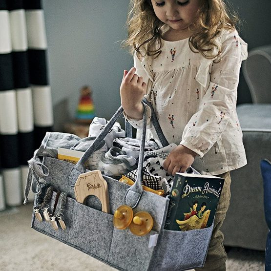 YiCoo Foldable Baby Diaper Caddy Organiser, Portable Nursery Storage Basket Bin with Changeable Compartments(Light Grey) - Image 3
