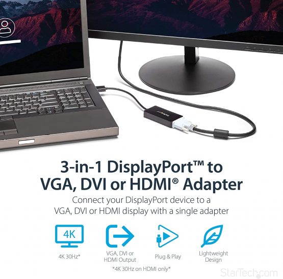 StarTech 3 in 1 DisplayPort Multi Video Adapter Converter - 1080p DP Laptop to HDMI VGA or DVI Monitor or Projector Display (DP2VGDVHD) - Image 2