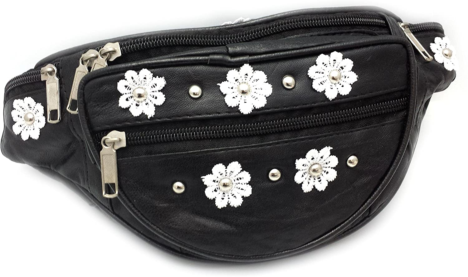 ODS:UK® Leather Festival Bum Bag Daisy Flower Studded Cross-Body Summer Urban Backpack, Black