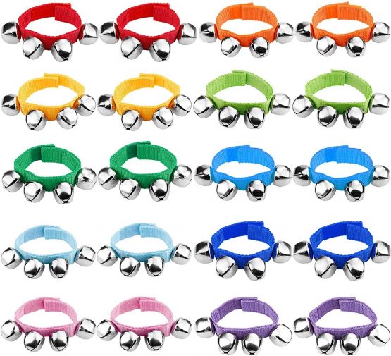 Augshy 20 Pcs Wrist Band Jingle Bells Musical Rhythm Toys,10 Colors,Musical Instruments for School