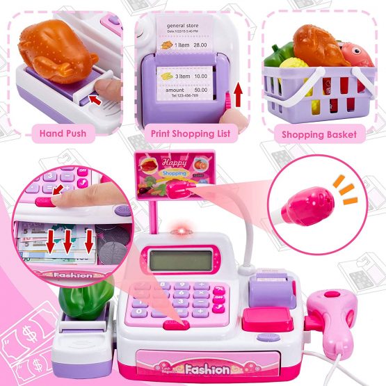 BUYGER 34 Pcs Kids Mini Childrens Toy Till for 3 Year Old Boys/Girls, Pretend Cash Register Till Toy with Scanner for Kid, Role Play Money Shopping toy for toddler, Pink, 24*12.5*16cm - Image 3