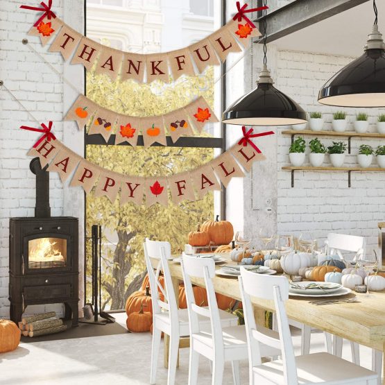 3 Pieces Happy Fall Thankful Burlap Banner Thanksgiving Fall Harvest Autumn Decorations Pumpkin Maple Leaf Acorn Banner for Thanksgiving Hanging Decoration - Image 3