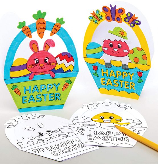 Baker Ross AT516 Easter Basket Colour in Cards - Pack of 10, Creative Easter Art and Craft Supplies for Kids to Make and Decorate