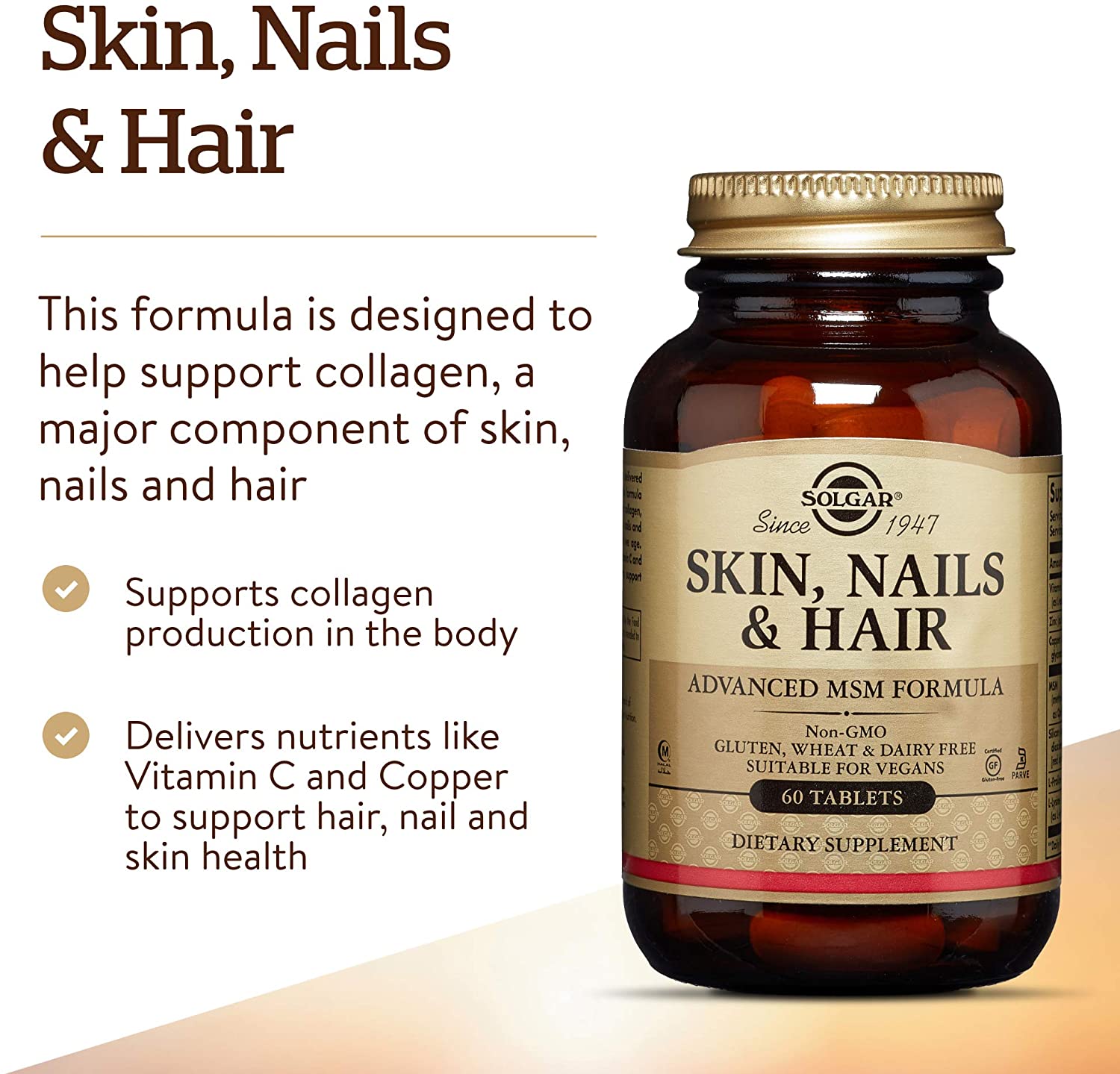 Solgar Skin Hair and Nails - 60 Pack - Helps Build Collagen - with Zinc, Copper and Vitamin C - Vegan and Gluten Free - Image 4