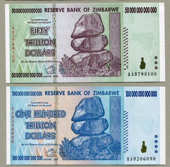 Trillion Dollar Pair Zimbabwe - 50 Trillion and 100 Trillion Dollar Notes