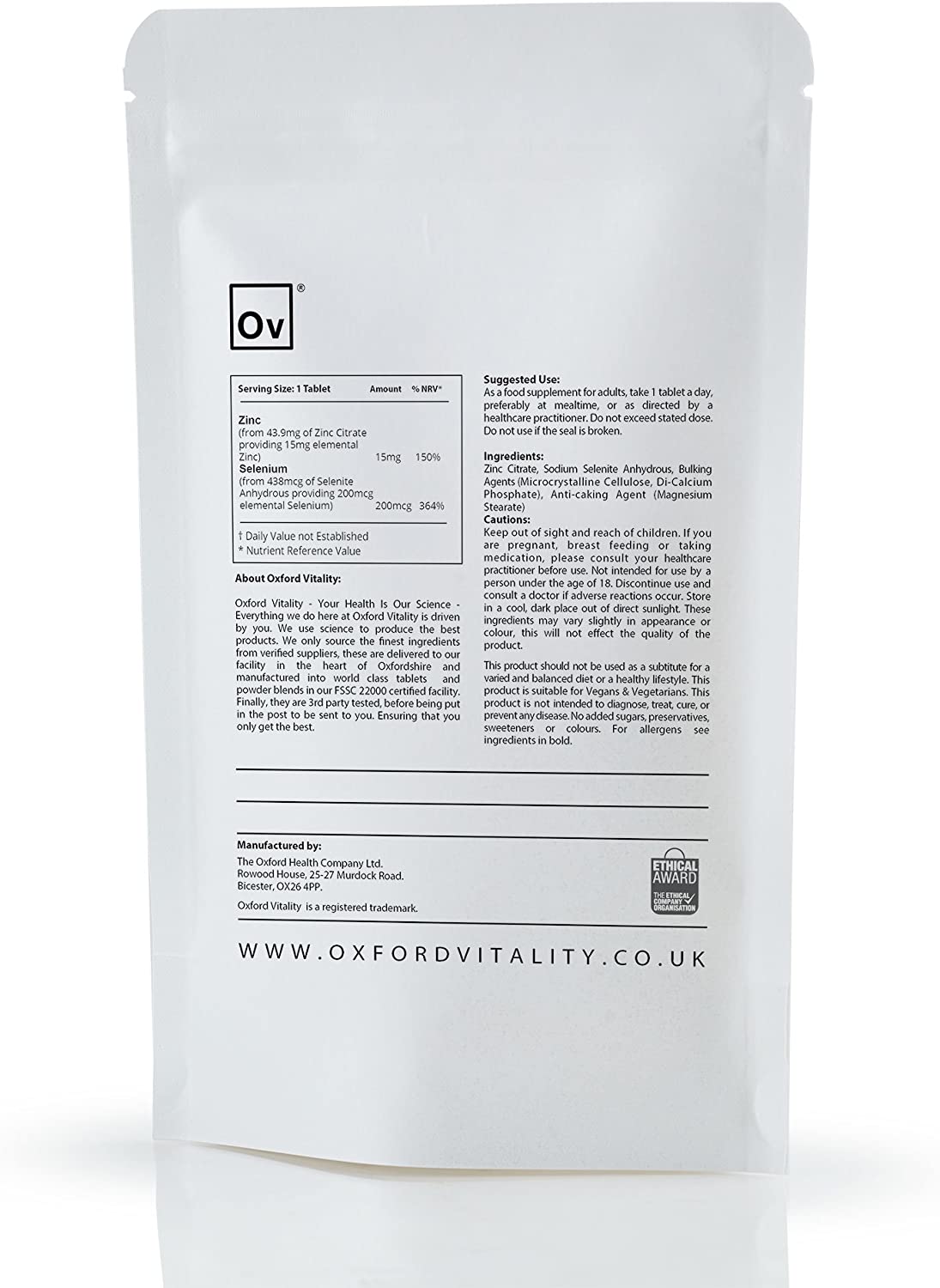 Oxford Vitality Selenium 200mcg and Zinc 15mg Tablets, 500 count (Pack of 1) - Image 2
