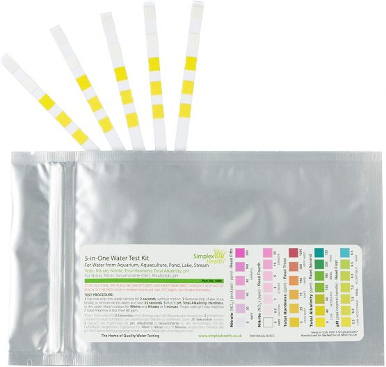 SimplexHealth Home Water Test Kit 5-in-One (5 Strips) - Drinking Water, ponds, aquariums for Nitrates & Nitrites, Total Hardness, Total Alkalinity and pH