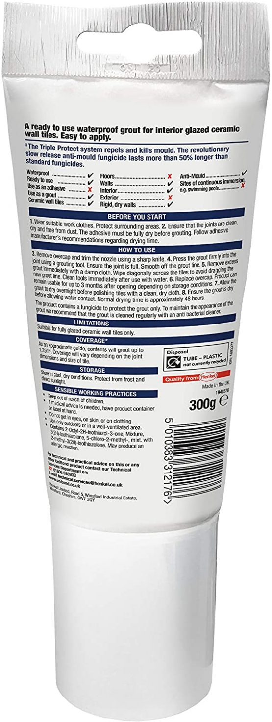 UniBond Quick Grout Triple Protection, Waterproof Grout for Small Repairs, Tile Grout Reviver Repels, Kills & Prevents Mould, Ready-Mixed Grey Grout, 300g - Image 2